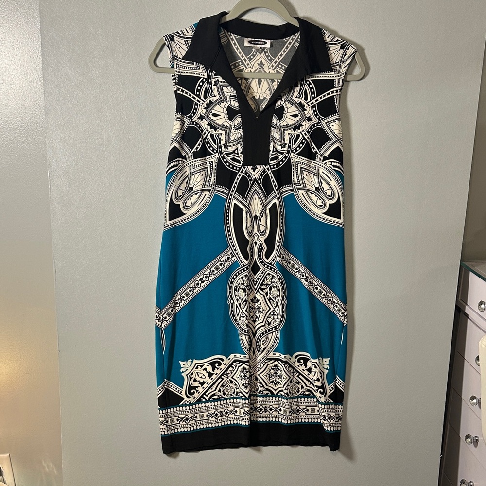 Intermission Blue Black White Sleeveless Geometric‎ Print Sheath Dress
